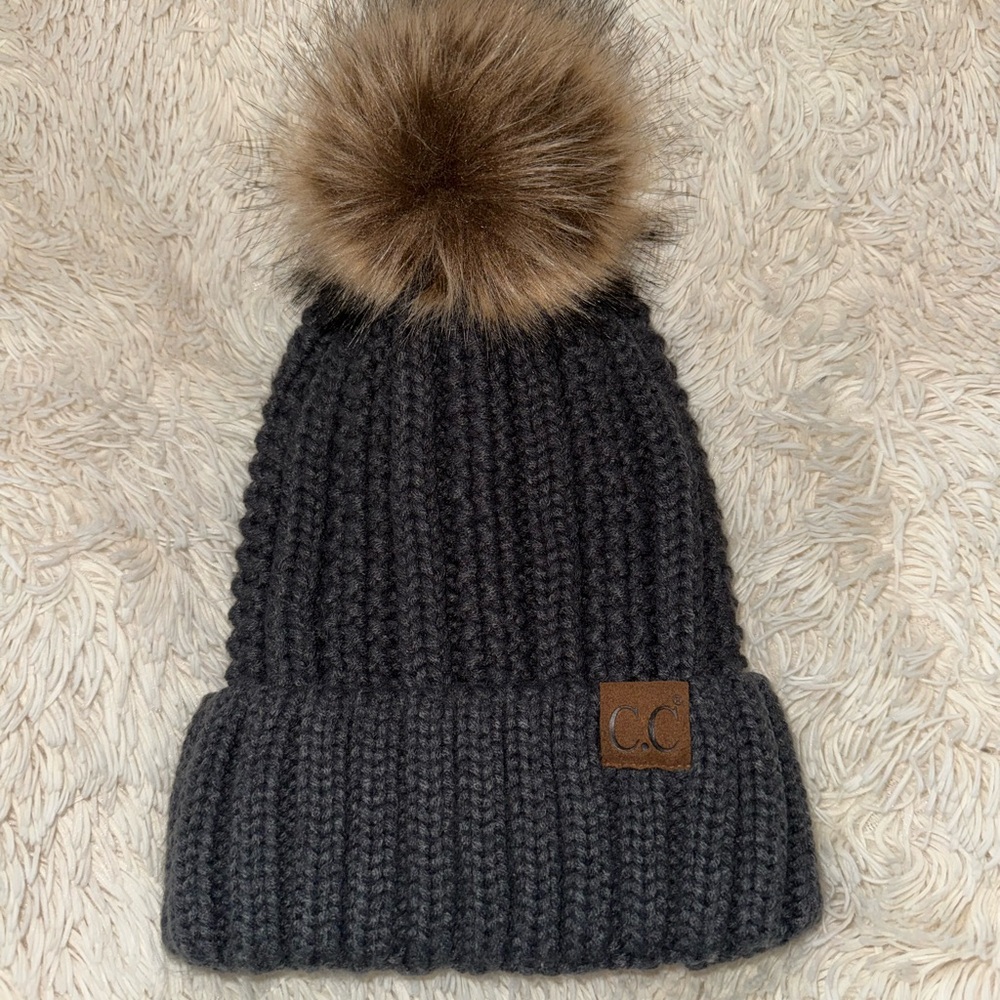 CC Black Knit Beanie with Brown Pom